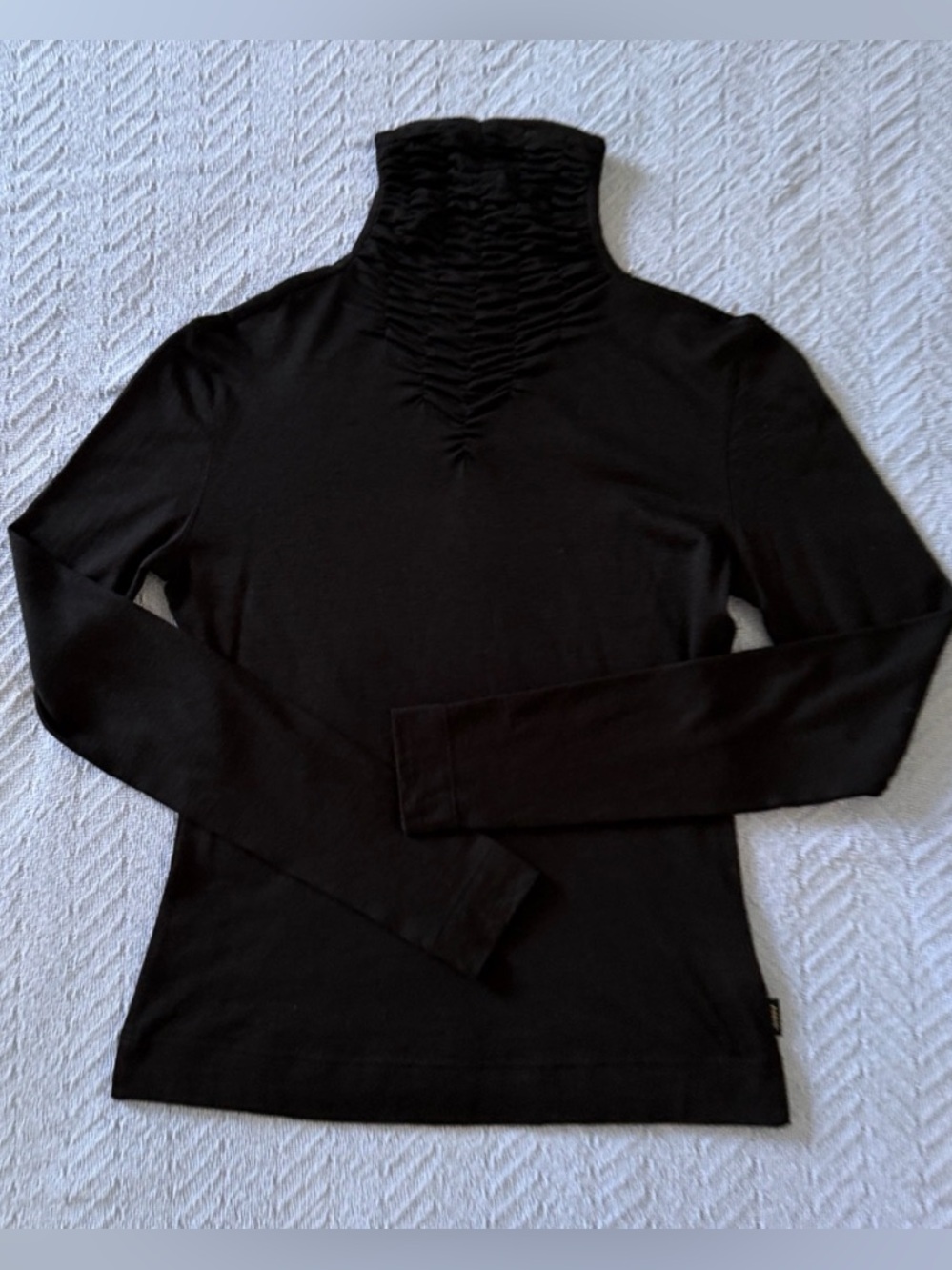 Akris Black Ruched High-Neck Top 65% Cashmere 35 Silk Long Sleeve Black
